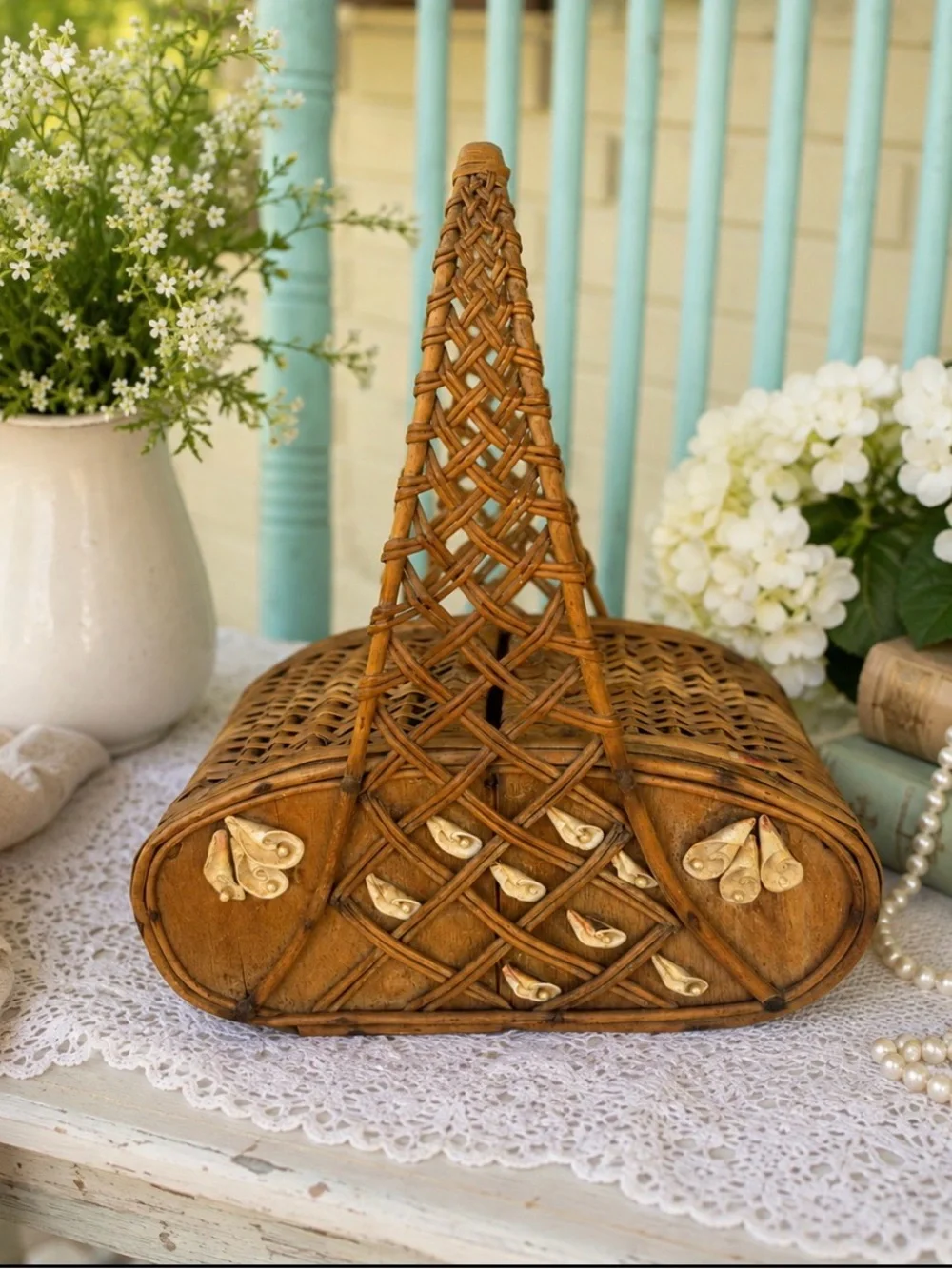 Vintage Wicker Sewing Basket Shell Accents Double Hinged Lids Woven Handle 10”